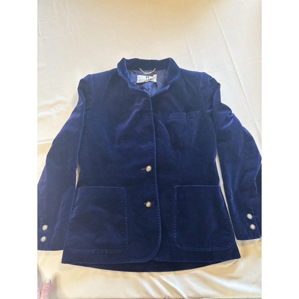 Vintage Rich Kawai Women’s Velvet Blazer Jacket – Navy Blue Gold Buttons Size 13